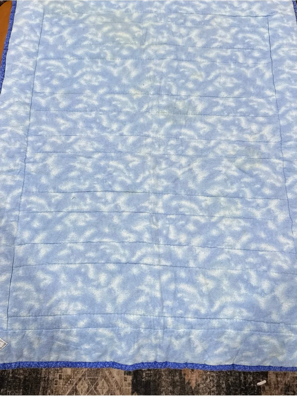 Hand Quilted Angel Baby Quilt Blue Handmade Crib Blanket  With Flannel Back